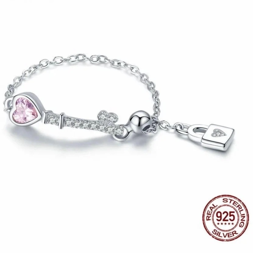 Trendy New 925 Sterling Silver Love Heart Lock Key Chain Rings for Women